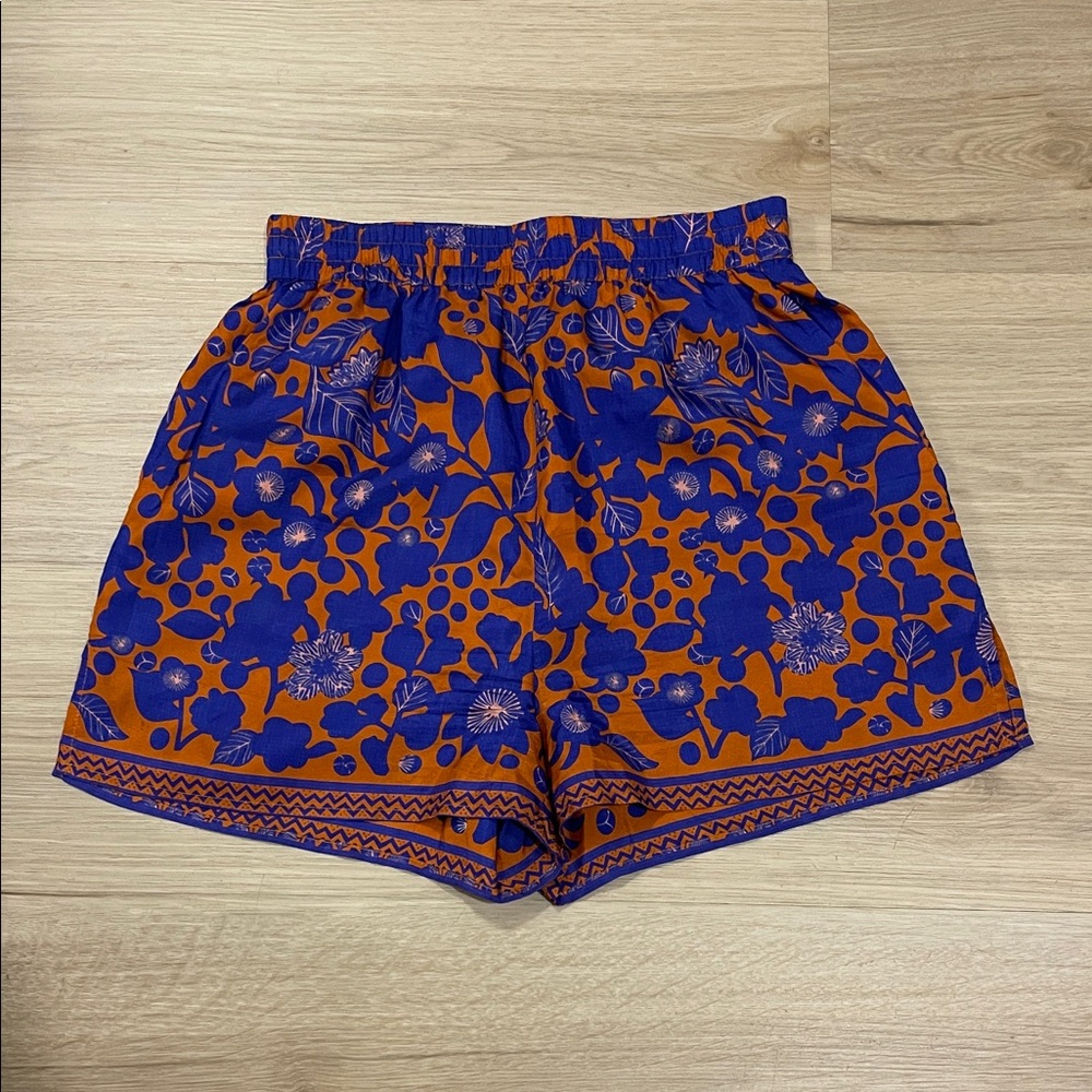 Silk, Vibrant High Waist Floral Shorts - Blue and Orange